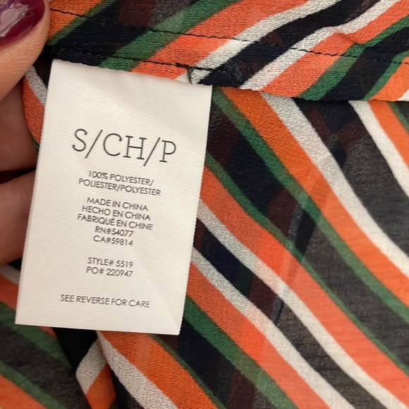 Cabi Orange, Blue, Green & White Striped Sheer V-Neck Blouse Small - Picture 12 of 13